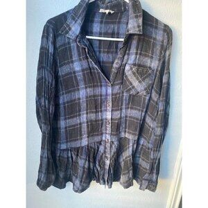 Mysteree Blue Plaid Long Sleeve Button Down Peplum Blouse - S